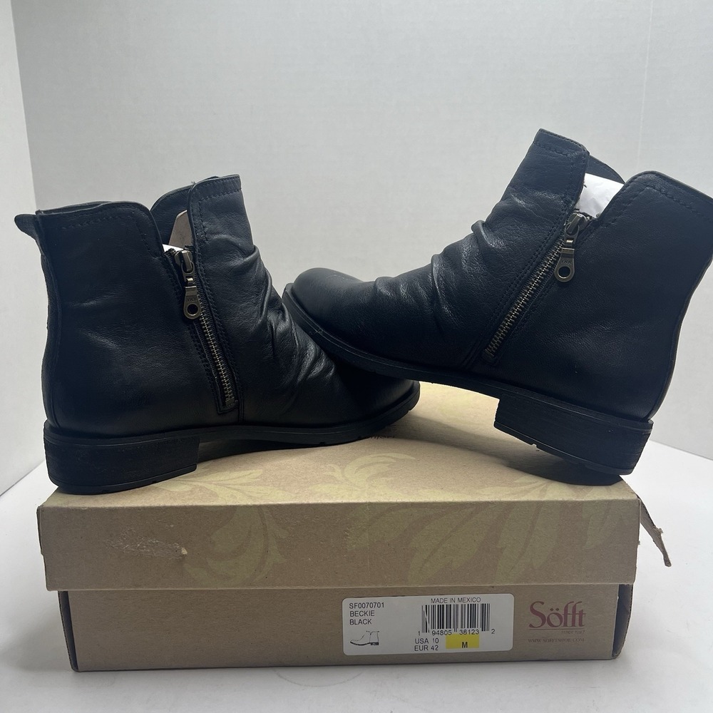 Sofft Beckie Black Leather Ankle Boots Womens 10 M Ruched Slouch Zipper